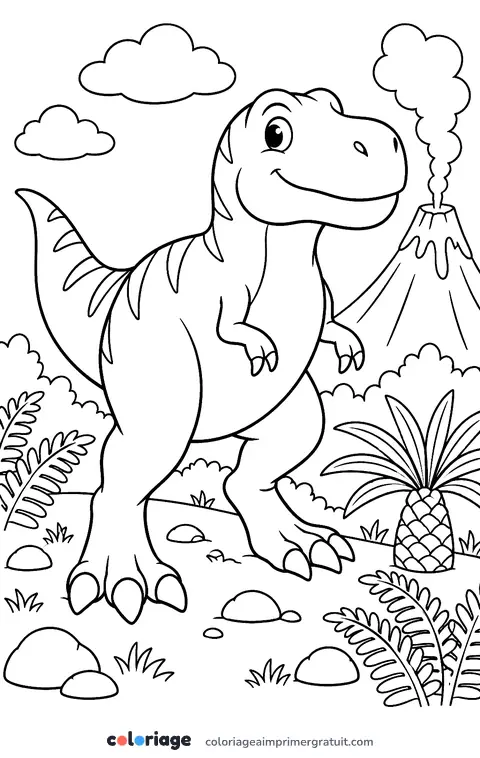 Coloriage t-rex et le volcan