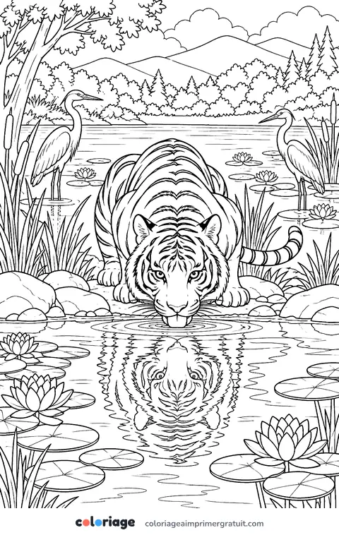 Coloriage tigre au bord du lac