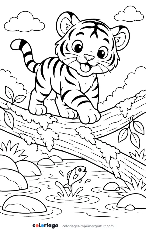 Coloriage tigreau sur un tronc