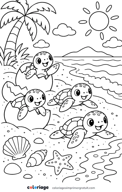 Coloriage bébés tortues sur la plage