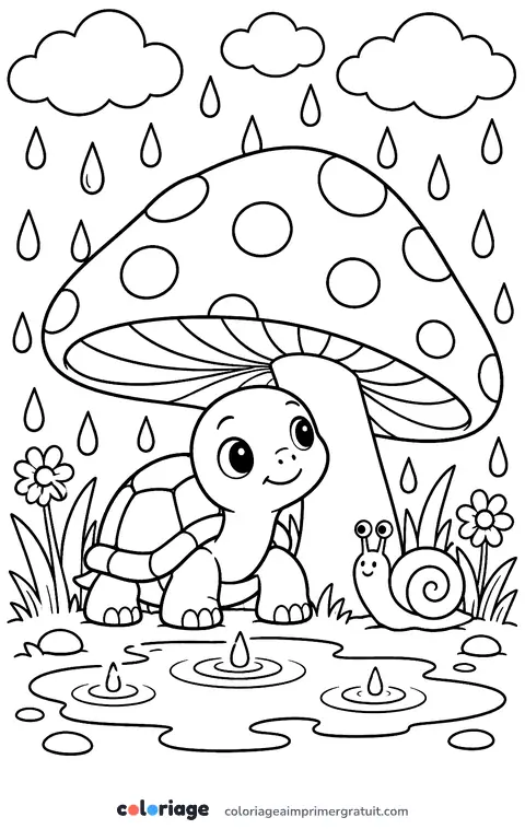 Coloriage tortue sous la pluie