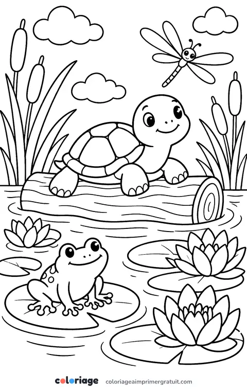 Coloriage tortue au bord de l’étang