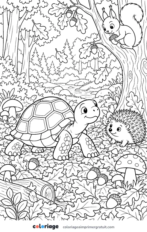 Coloriage tortue dans les feuilles d’automne