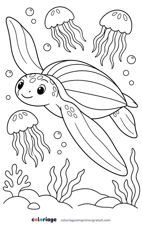 Coloriage tortue luth et méduses