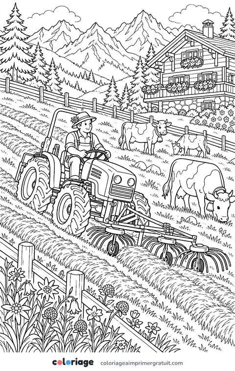 Coloriage tracteur à l’alpage