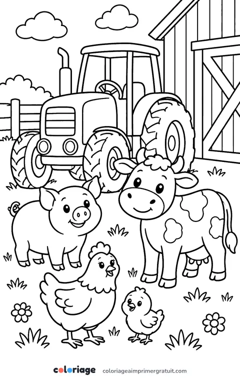 Coloriage tracteur et animaux de la ferme