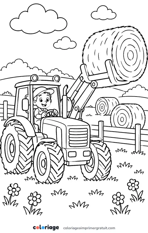 Coloriage tracteur et botte ronde