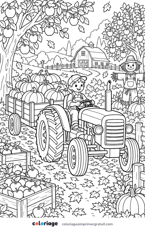 Coloriage tracteur et citrouilles en automne
