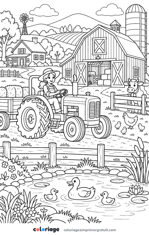 Coloriage tracteur dans la cour de la ferme