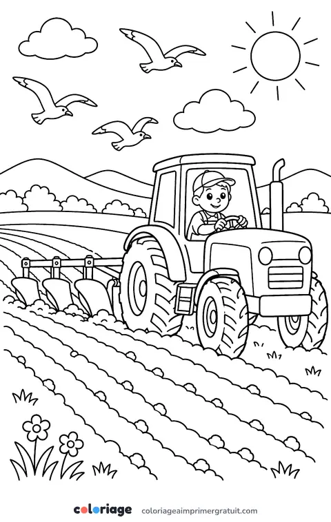 Coloriage tracteur qui laboure