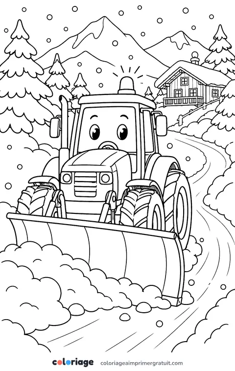 Coloriage tracteur dans la neige