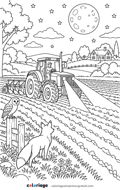 Coloriage tracteur de nuit