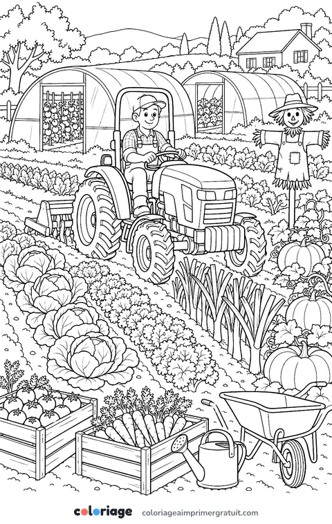 Coloriage tracteur au potager