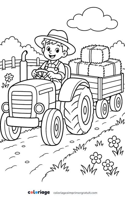 Coloriage tracteur et remorque de foin
