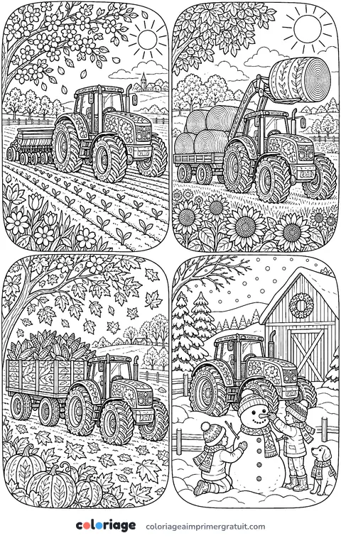 Coloriage tracteur au fil des saisons