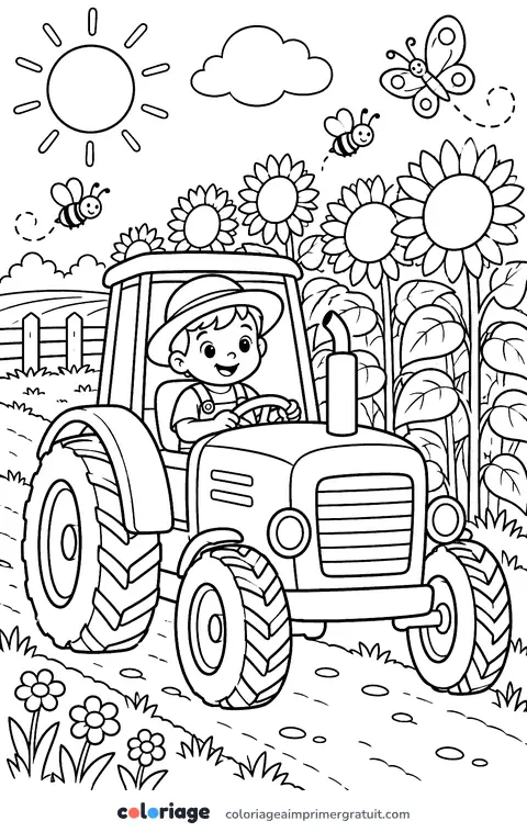 Coloriage tracteur et tournesols