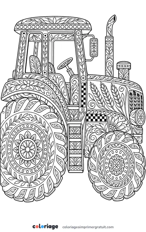Coloriage tracteur zentangle