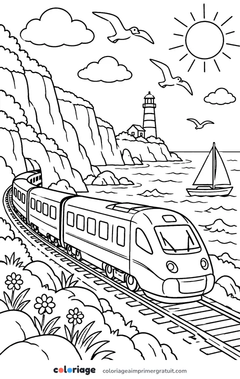 Coloriage train au bord de la mer