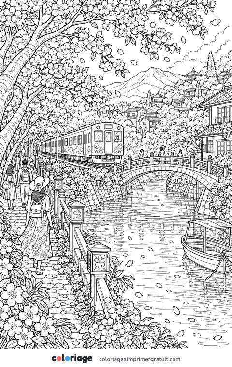 Coloriage train sous les cerisiers