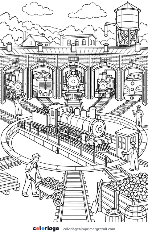 Coloriage le dépôt des locomotives