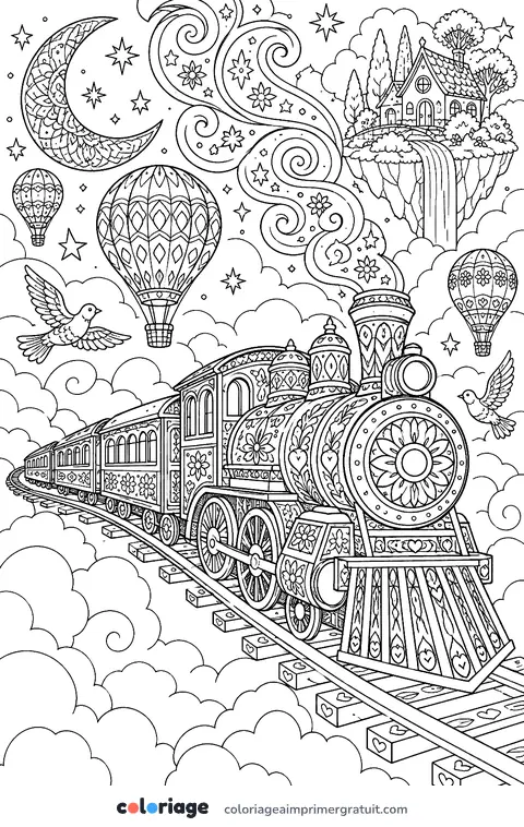 Coloriage train dans les nuages