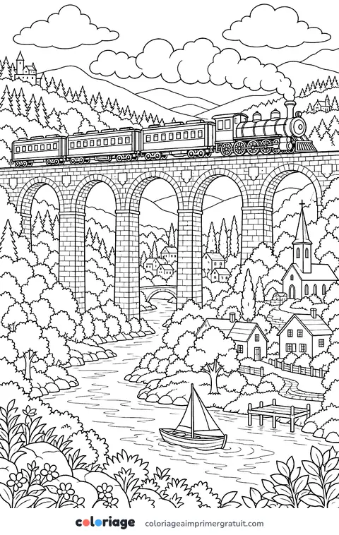 Coloriage train sur le viaduc