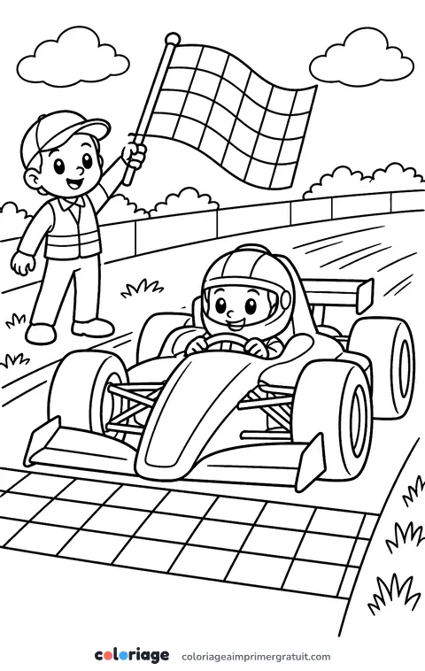 Coloriage l’arrivée sous le drapeau à damier
