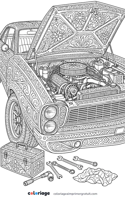 Coloriage moteur sous le capot