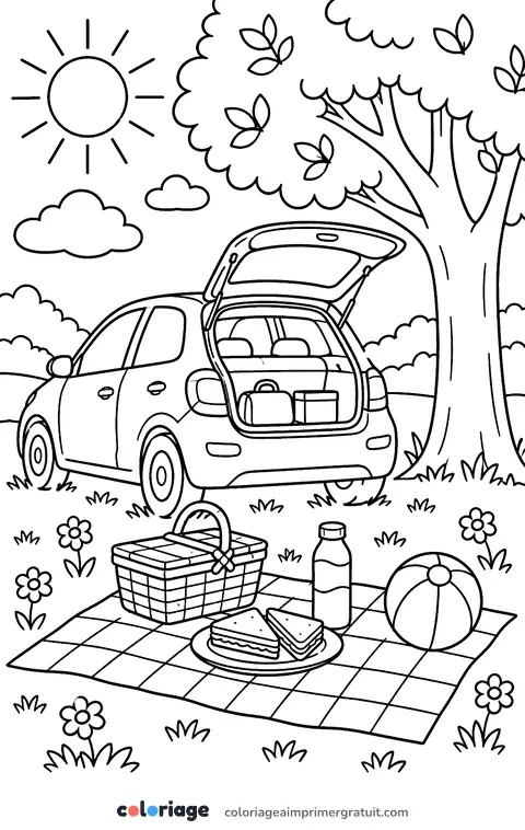 Coloriage pique-nique à côté de la voiture
