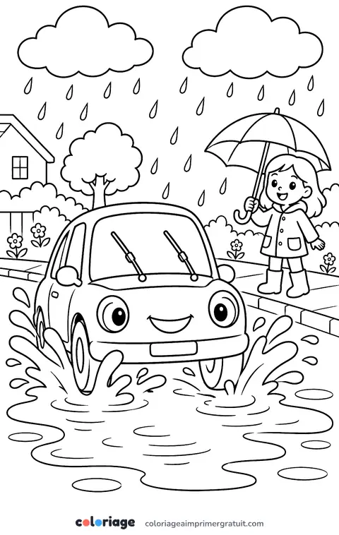 Coloriage voiture sous la pluie