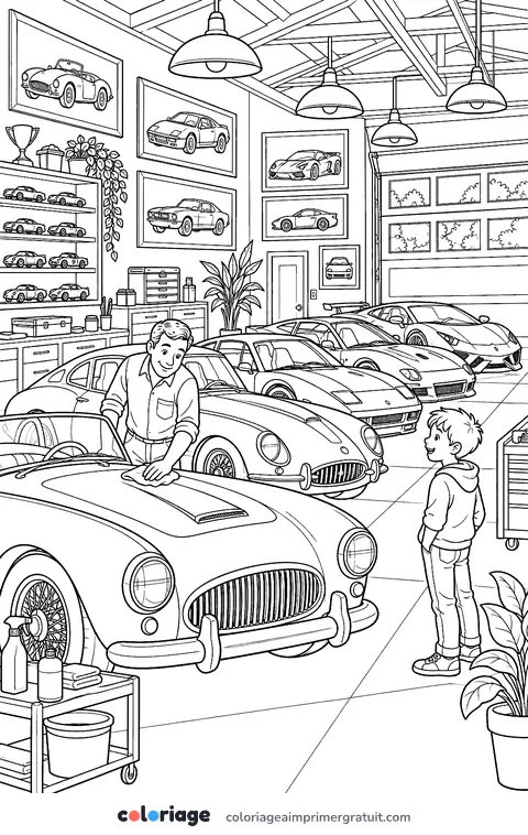 Coloriage le garage du collectionneur