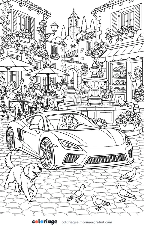 Coloriage sur la place du village
