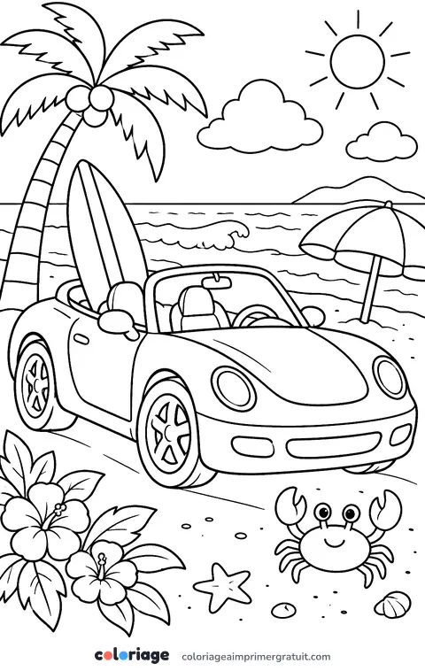 Coloriage voiture de sport à la plage