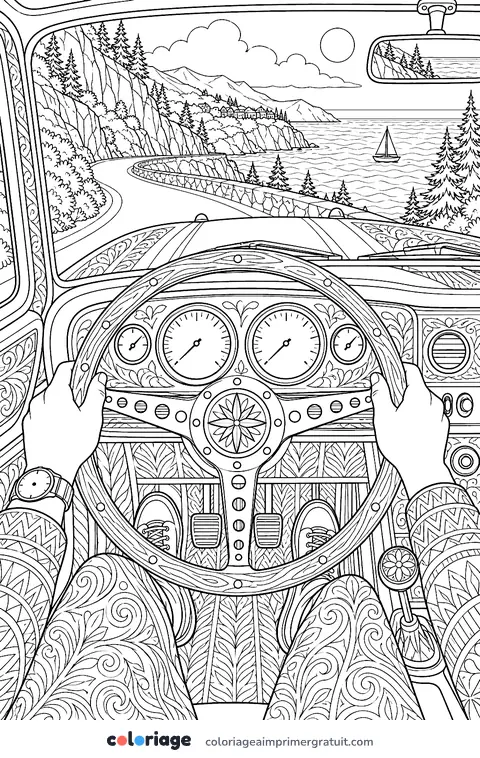 Coloriage au volant sur la route côtière