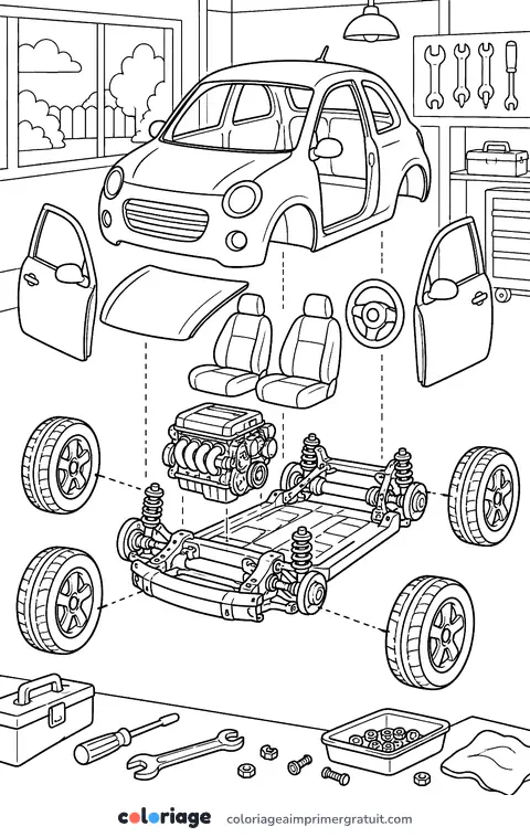 Coloriage voiture en pièces détachées